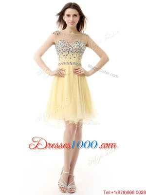 Clearance Sleeveless Organza Knee Length Zipper Prom Dresses in Light Yellow for with Beading