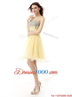 Clearance Sleeveless Organza Knee Length Zipper Prom Dresses in Light Yellow for with Beading