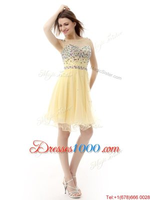 Clearance Sleeveless Organza Knee Length Zipper Prom Dresses in Light Yellow for with Beading