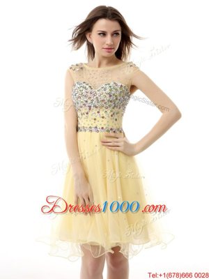 Clearance Sleeveless Organza Knee Length Zipper Prom Dresses in Light Yellow for with Beading