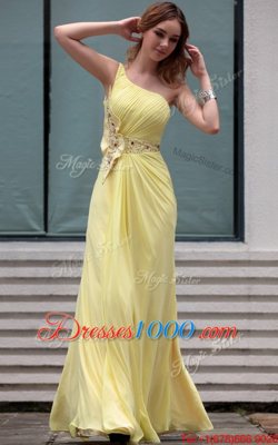 One Shoulder Light Yellow Sleeveless Floor Length Beading Side Zipper Prom Dresses