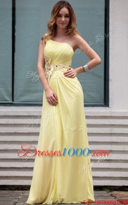 One Shoulder Light Yellow Sleeveless Floor Length Beading Side Zipper Prom Dresses