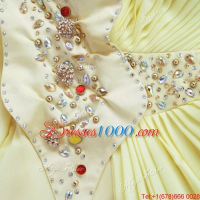 One Shoulder Light Yellow Sleeveless Floor Length Beading Side Zipper Prom Dresses