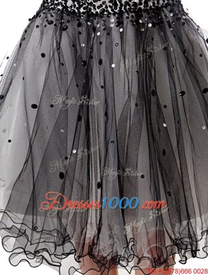 Black Lace Up Prom Dresses Beading and Ruffled Layers and Ruching Sleeveless Knee Length