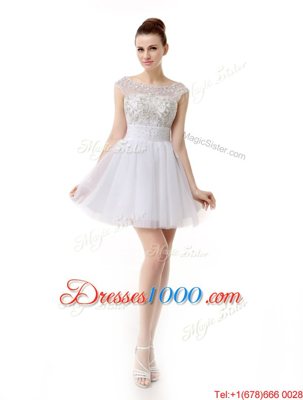 Scoop Beading and Ruching Prom Party Dress White Zipper Cap Sleeves Mini Length