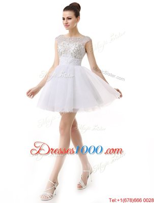 Scoop Beading and Ruching Prom Party Dress White Zipper Cap Sleeves Mini Length
