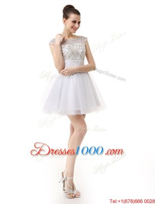 Scoop Beading and Ruching Prom Party Dress White Zipper Cap Sleeves Mini Length