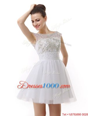 Scoop Beading and Ruching Prom Party Dress White Zipper Cap Sleeves Mini Length
