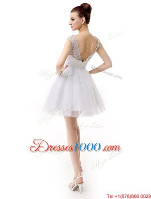 Scoop Beading and Ruching Prom Party Dress White Zipper Cap Sleeves Mini Length