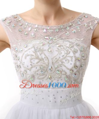 Scoop Beading and Ruching Prom Party Dress White Zipper Cap Sleeves Mini Length