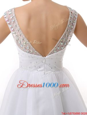 Scoop Beading and Ruching Prom Party Dress White Zipper Cap Sleeves Mini Length