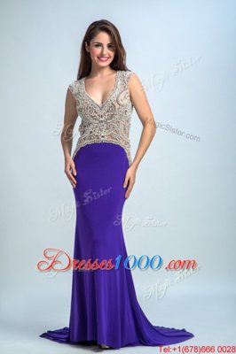 Purple Column/Sheath Chiffon V-neck Sleeveless Beading Floor Length Backless Homecoming Dress