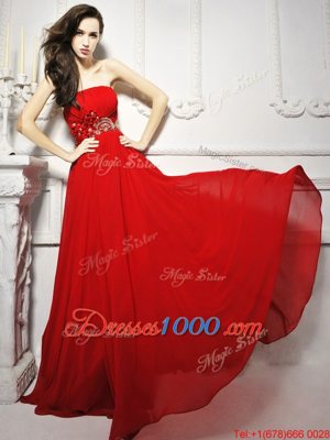 Strapless Sleeveless Dress for Prom With Brush Train Beading and Ruching Red Chiffon