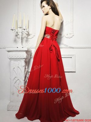 Strapless Sleeveless Dress for Prom With Brush Train Beading and Ruching Red Chiffon