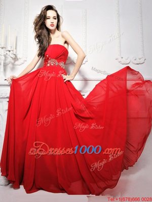 Strapless Sleeveless Dress for Prom With Brush Train Beading and Ruching Red Chiffon