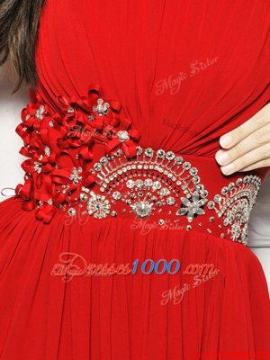 Strapless Sleeveless Dress for Prom With Brush Train Beading and Ruching Red Chiffon