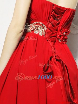 Strapless Sleeveless Dress for Prom With Brush Train Beading and Ruching Red Chiffon