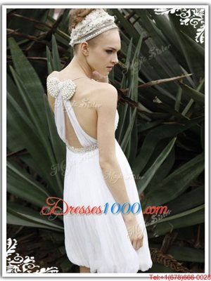 High Class White Column/Sheath V-neck Sleeveless Chiffon Knee Length Criss Cross Ruching Party Dress for Girls