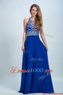 Scoop Sleeveless Floor Length Beading Criss Cross Prom Evening Gown with Royal Blue