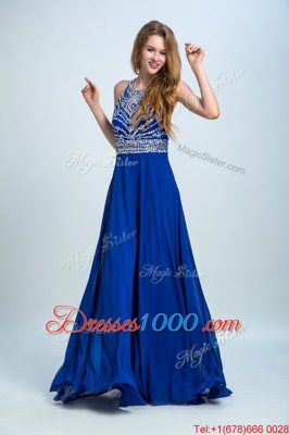 Scoop Sleeveless Floor Length Beading Criss Cross Prom Evening Gown with Royal Blue