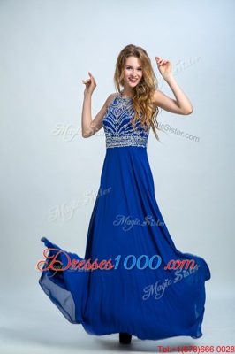 Scoop Sleeveless Floor Length Beading Criss Cross Prom Evening Gown with Royal Blue
