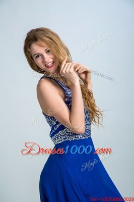 Scoop Sleeveless Floor Length Beading Criss Cross Prom Evening Gown with Royal Blue