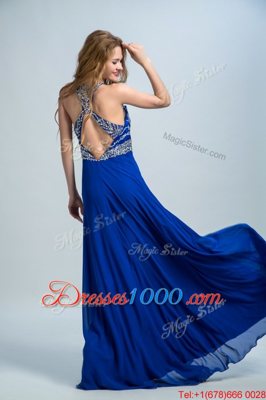 Scoop Sleeveless Floor Length Beading Criss Cross Prom Evening Gown with Royal Blue