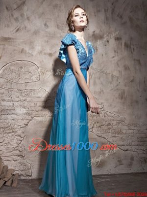 Cap Sleeves Floor Length Sequins Zipper Prom Dress with Teal