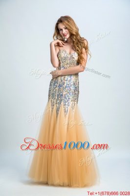 Sumptuous Sequins Strapless Sleeveless Zipper Prom Dress Gold Tulle and Sequined