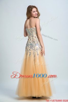 Sumptuous Sequins Strapless Sleeveless Zipper Prom Dress Gold Tulle and Sequined