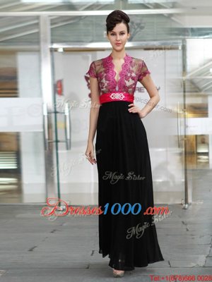 Hot Sale Red And Black V-neck Neckline Appliques and Ruching Prom Evening Gown Short Sleeves Zipper