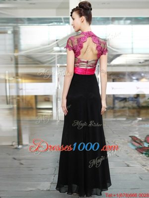 Hot Sale Red And Black V-neck Neckline Appliques and Ruching Prom Evening Gown Short Sleeves Zipper
