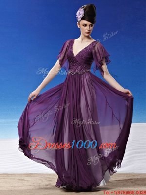 Luxurious Beading and Ruching Prom Dress Dark Purple Side Zipper Short Sleeves Ankle Length