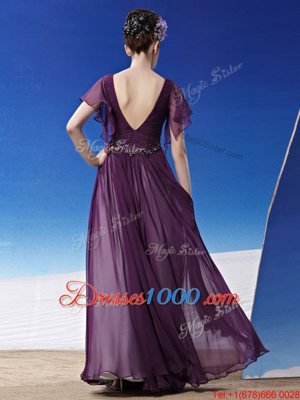 Luxurious Beading and Ruching Prom Dress Dark Purple Side Zipper Short Sleeves Ankle Length