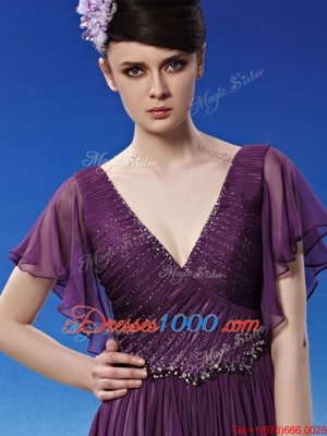 Luxurious Beading and Ruching Prom Dress Dark Purple Side Zipper Short Sleeves Ankle Length