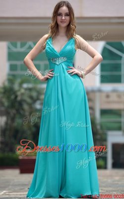 Aqua Blue V-neck Neckline Beading Evening Dress Sleeveless Side Zipper