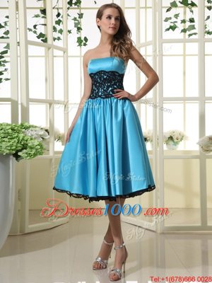 Baby Blue A-line Satin Strapless Sleeveless Lace Tea Length Zipper Casual Dresses