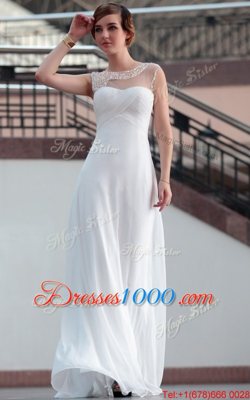 Admirable White Column/Sheath Bateau Sleeveless Satin Floor Length Zipper Beading and Lace Junior Homecoming Dress