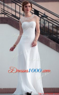 Admirable White Column/Sheath Bateau Sleeveless Satin Floor Length Zipper Beading and Lace Junior Homecoming Dress