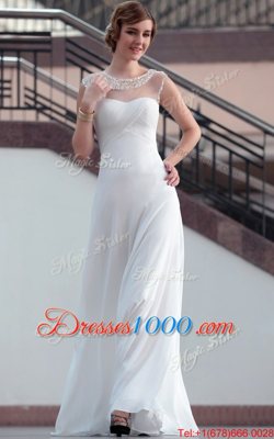 Admirable White Column/Sheath Bateau Sleeveless Satin Floor Length Zipper Beading and Lace Junior Homecoming Dress