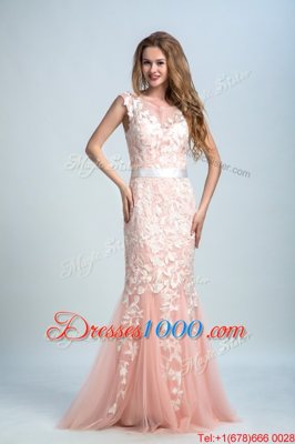 Lace Prom Evening Gown Peach Zipper Sleeveless Floor Length