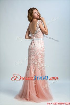 Lace Prom Evening Gown Peach Zipper Sleeveless Floor Length