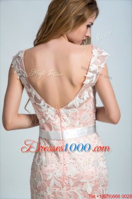 Lace Prom Evening Gown Peach Zipper Sleeveless Floor Length