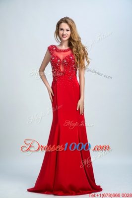 Pretty Mermaid Scoop Sleeveless Homecoming Dress With Brush Train Beading Red Chiffon