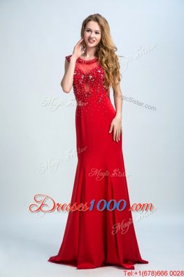 Pretty Mermaid Scoop Sleeveless Homecoming Dress With Brush Train Beading Red Chiffon