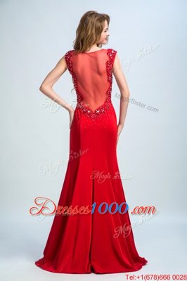 Pretty Mermaid Scoop Sleeveless Homecoming Dress With Brush Train Beading Red Chiffon