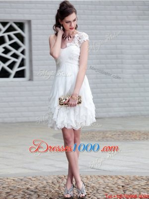 Lovely One Shoulder White Empire Lace and Ruffles Evening Dress Zipper Organza Sleeveless Mini Length