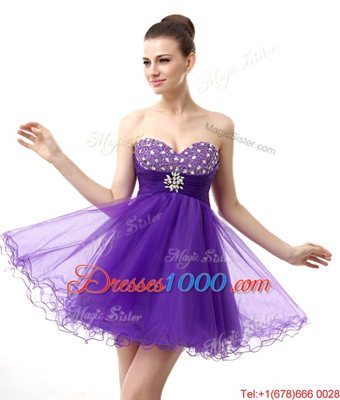 Knee Length Purple Dress for Prom Organza Sleeveless Beading