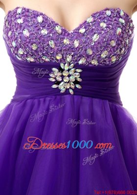 Knee Length Purple Dress for Prom Organza Sleeveless Beading