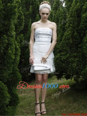 White Chiffon Zipper Prom Dresses Sleeveless Mini Length Ruffled Layers
